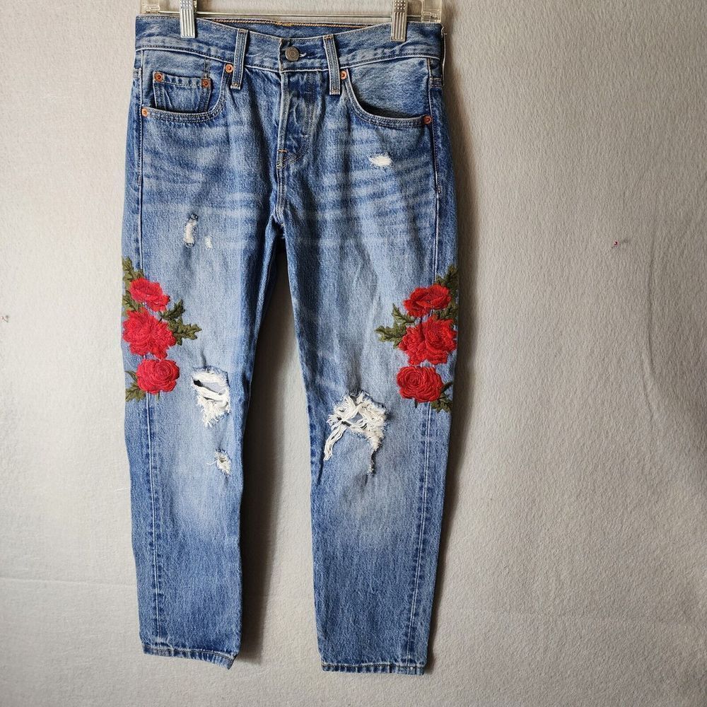 LEVI's 501 Tapered Embroidered Roses Distressed Button Fly Cotton New